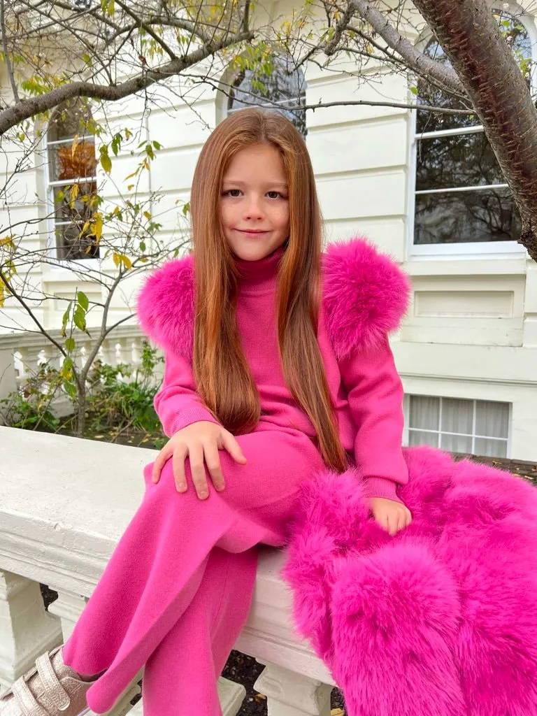 Childrens Hot Pink Premium Faux Fur Roll Neck Wide Leg Tracksuit