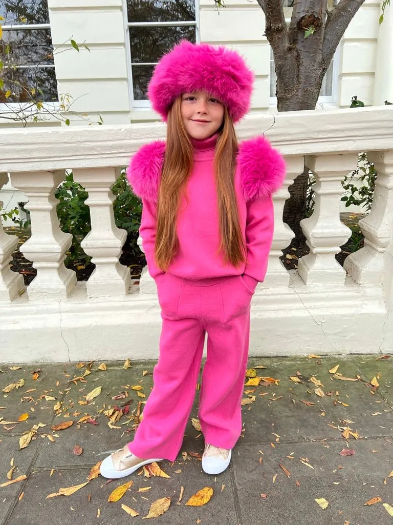 Childrens Hot Pink Premium Faux Fur Roll Neck Wide Leg Tracksuit