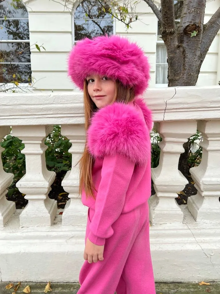 Childrens Hot Pink Premium Faux Fur Roll Neck Wide Leg Tracksuit