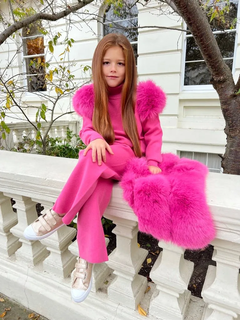 Childrens Hot Pink Premium Faux Fur Roll Neck Wide Leg Tracksuit