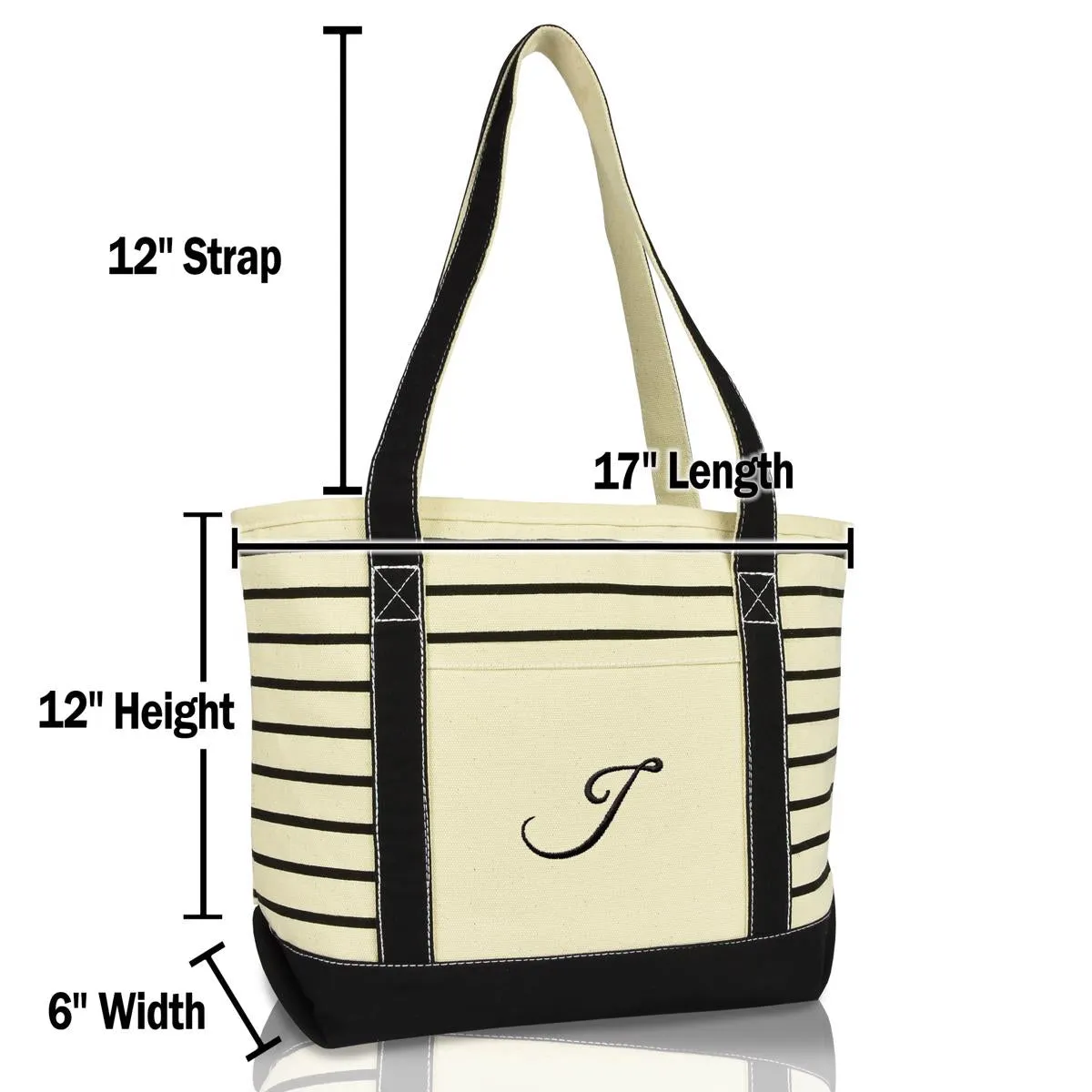 Dalix Striped J-Initial Tote Bag Womens Ballent Letter J