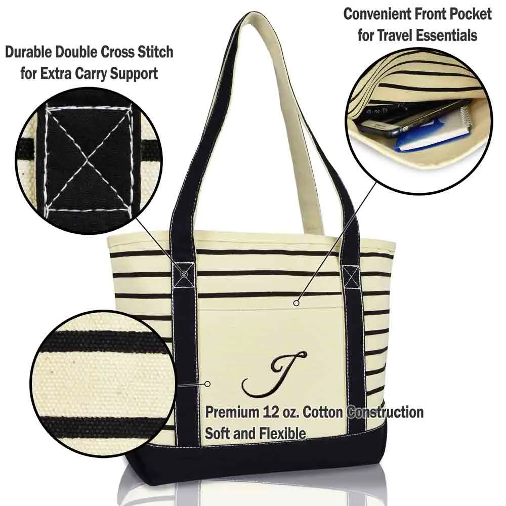 Dalix Striped J-Initial Tote Bag Womens Ballent Letter J