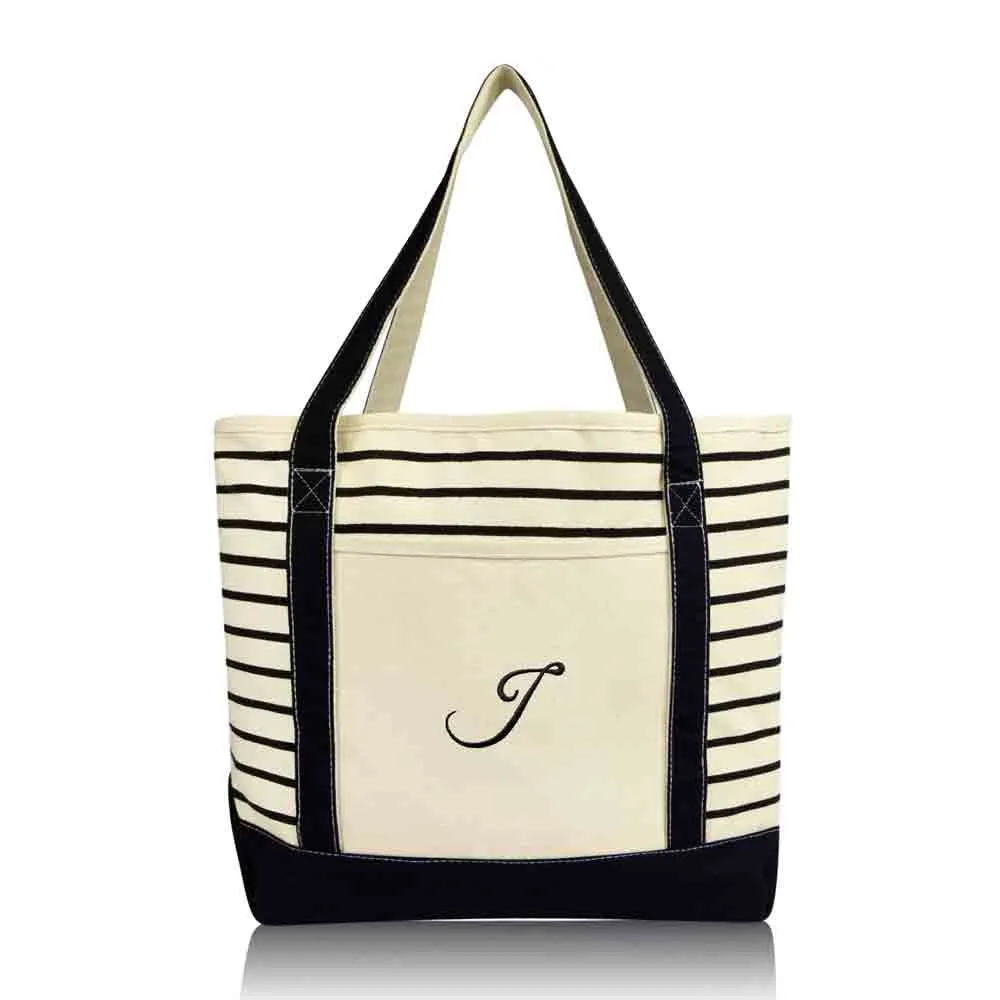 Dalix Striped J-Initial Tote Bag Womens Ballent Letter J