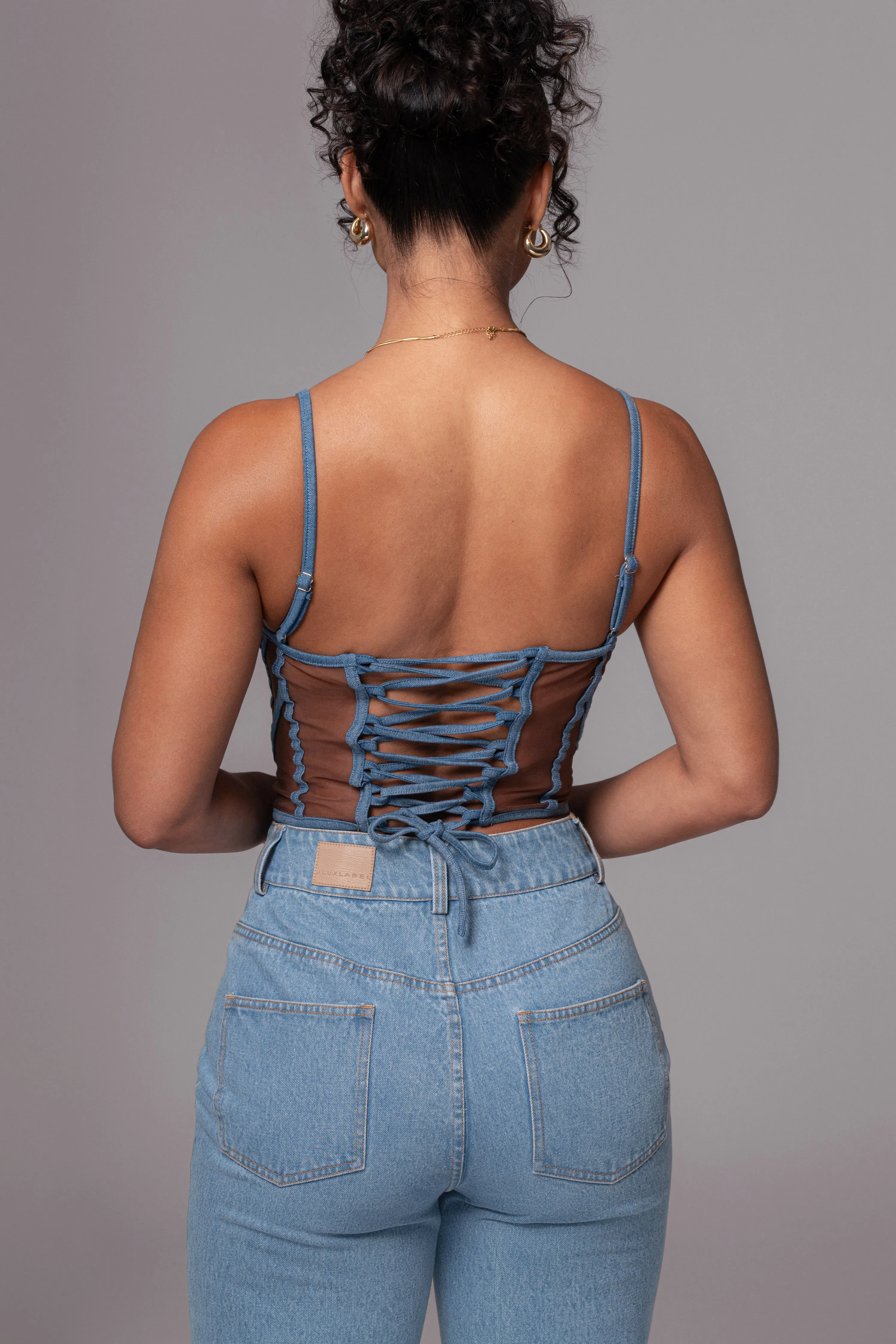 Dark Denim Illusion Mesh Bustier