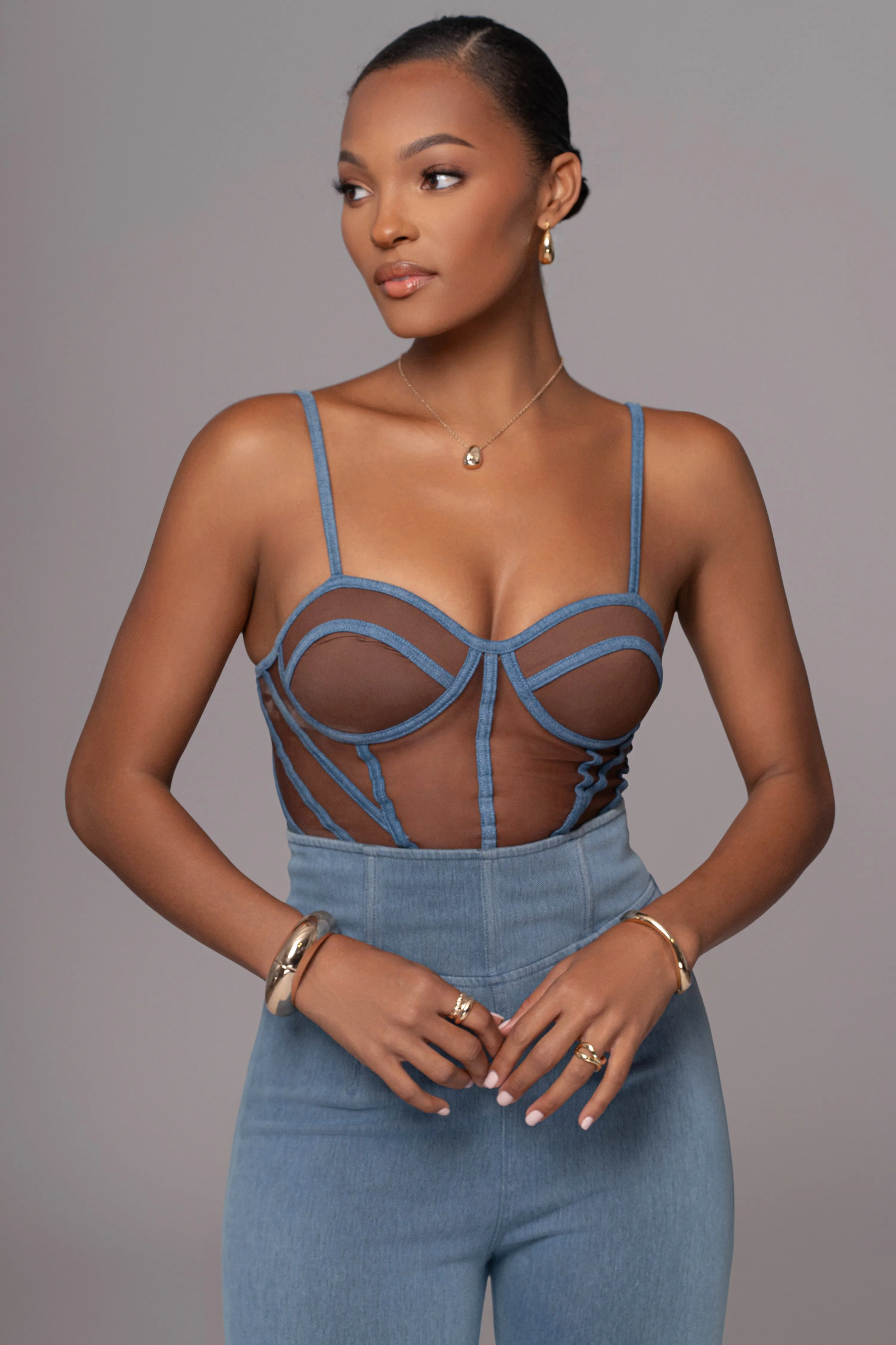 Dark Denim Illusion Mesh Bustier