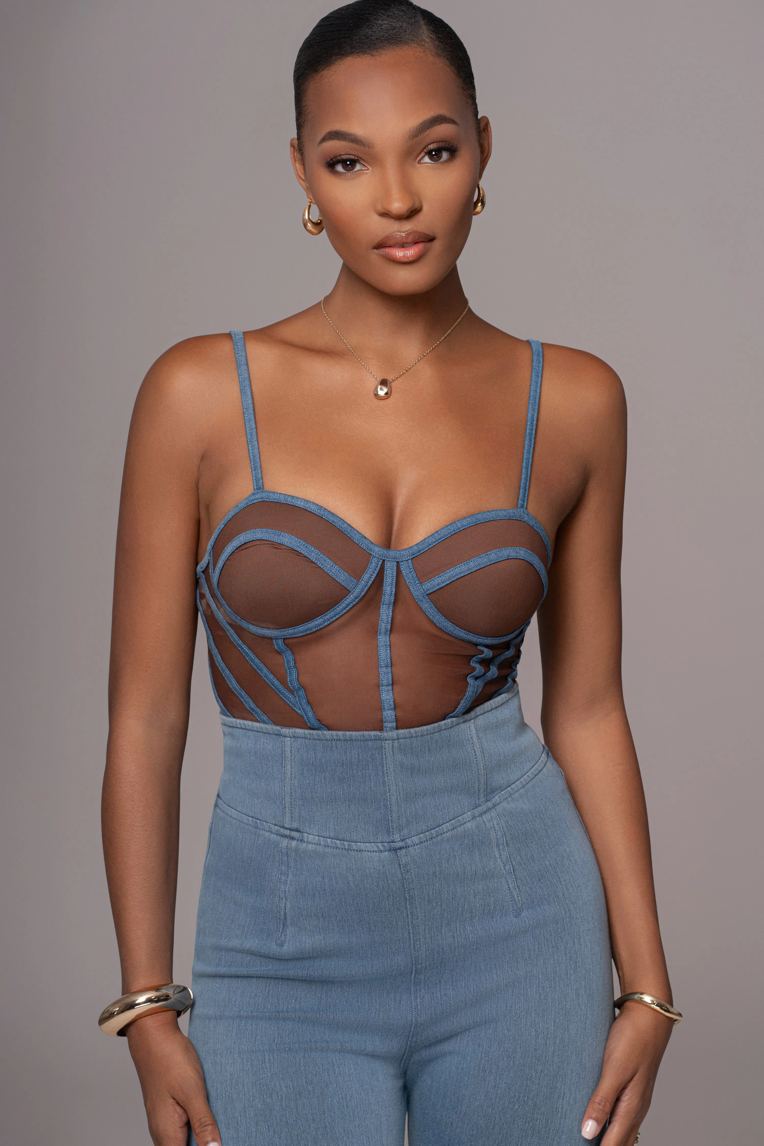 Dark Denim Illusion Mesh Bustier