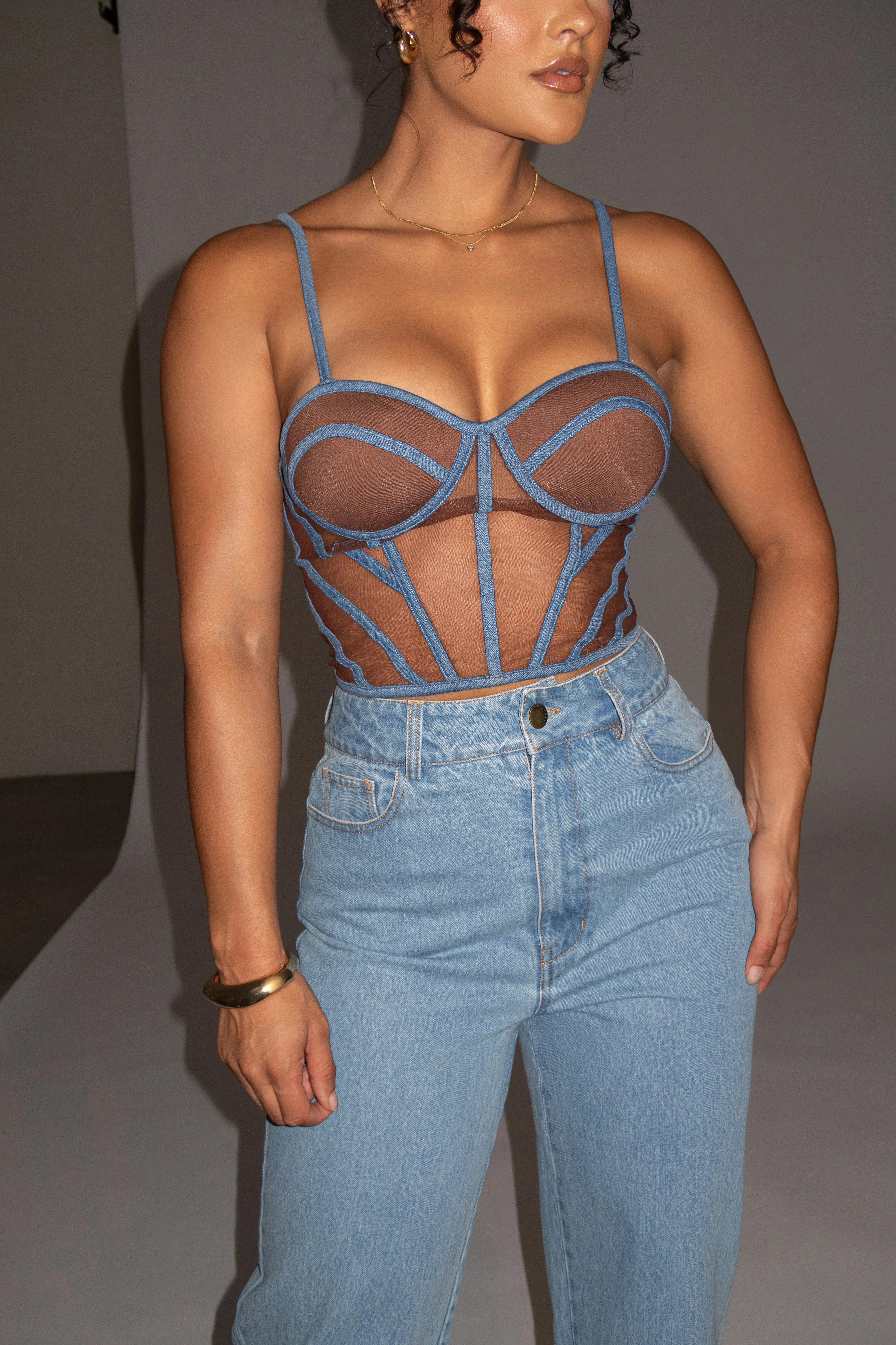 Dark Denim Illusion Mesh Bustier