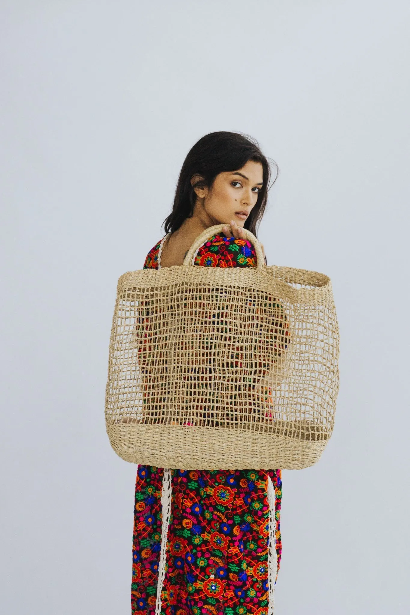 EMBROIDERED BASKET SHOPPER SHOPPING TOTE BAG