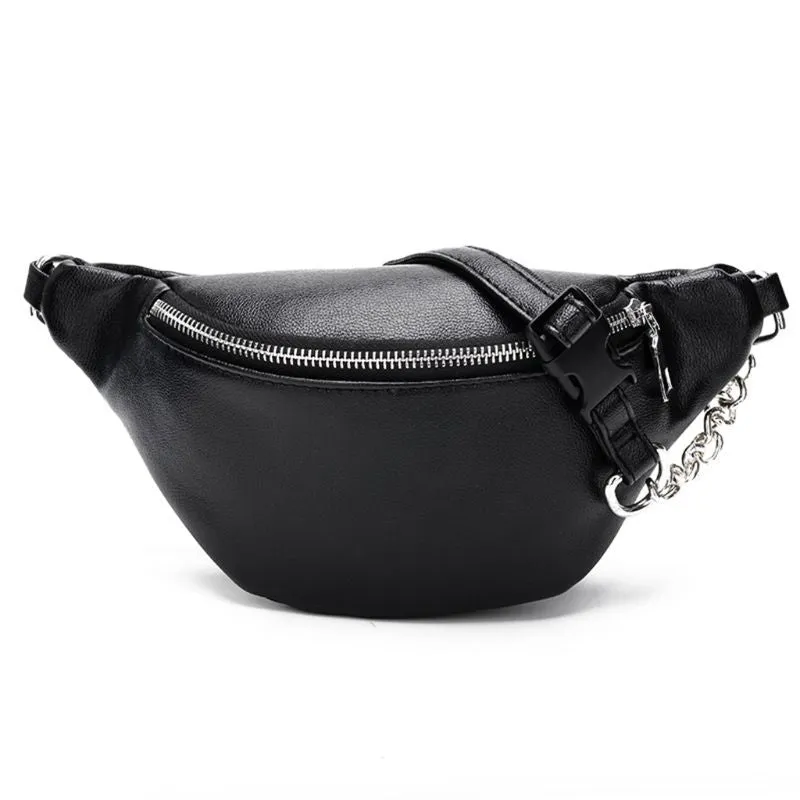 Fashion Leather Waist Fanny Pack Chest Bag Phone Purse with Metal Chain for Women