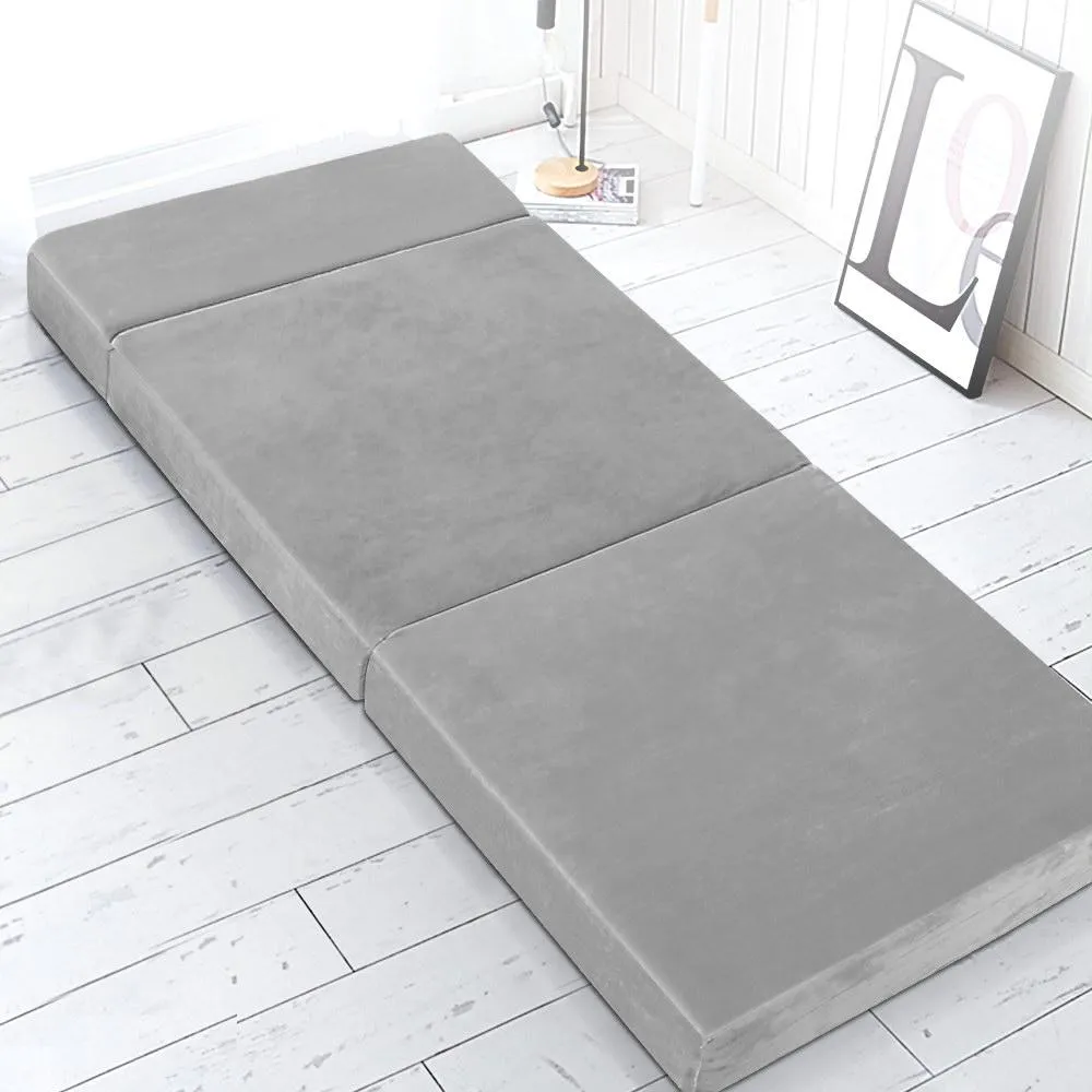 Folding Foam Mattress Portable Sofa Bed Lounge Chair Velvet Light Grey