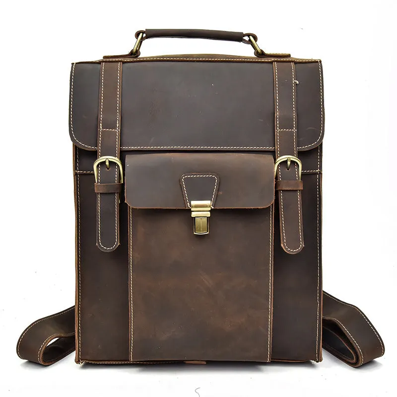 Full Grain Leather Backpack Men Leather Laptop Backpack Retro School Backpack Handbag