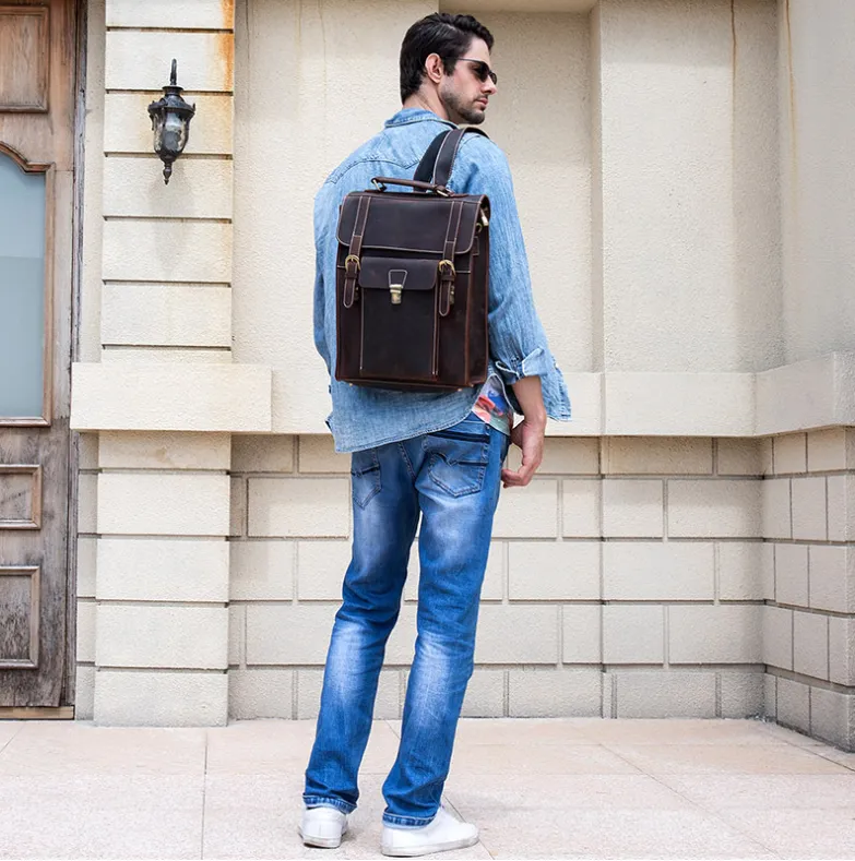 Full Grain Leather Backpack Men Leather Laptop Backpack Retro School Backpack Handbag