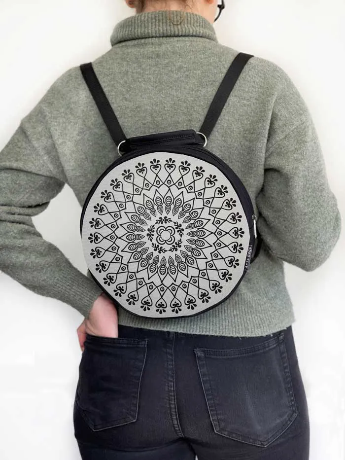 Grey Black Mandala Circle Handmade Backpack Crossbody Bag for Women