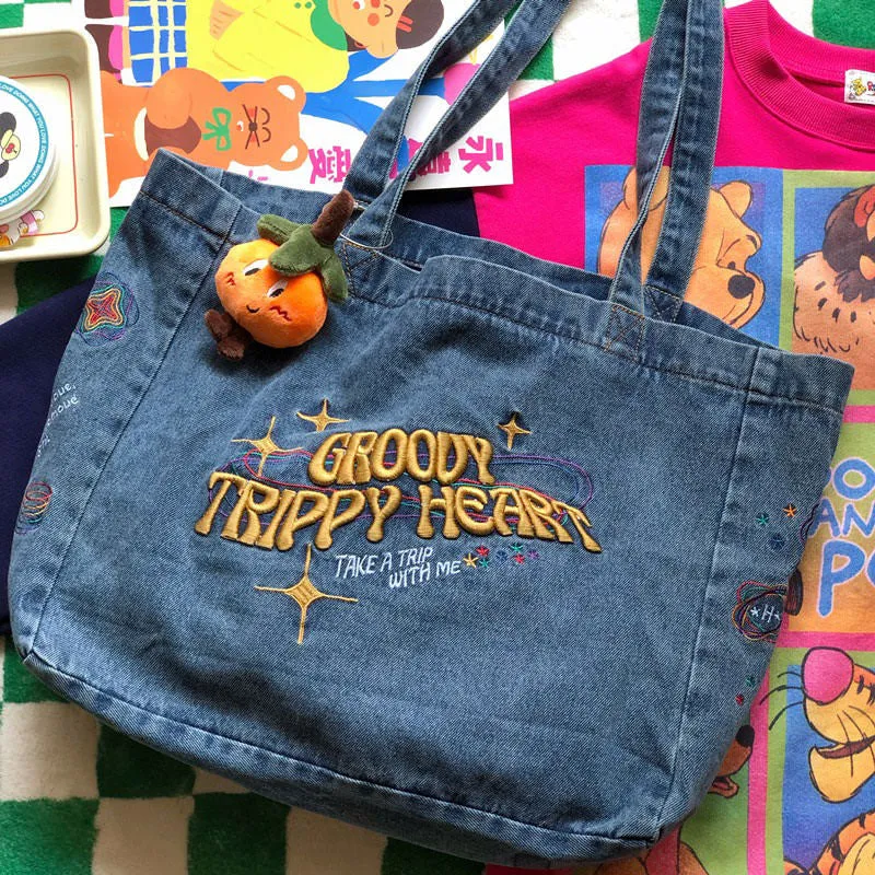 Groovy Trippy Heart Blue Denim Bag