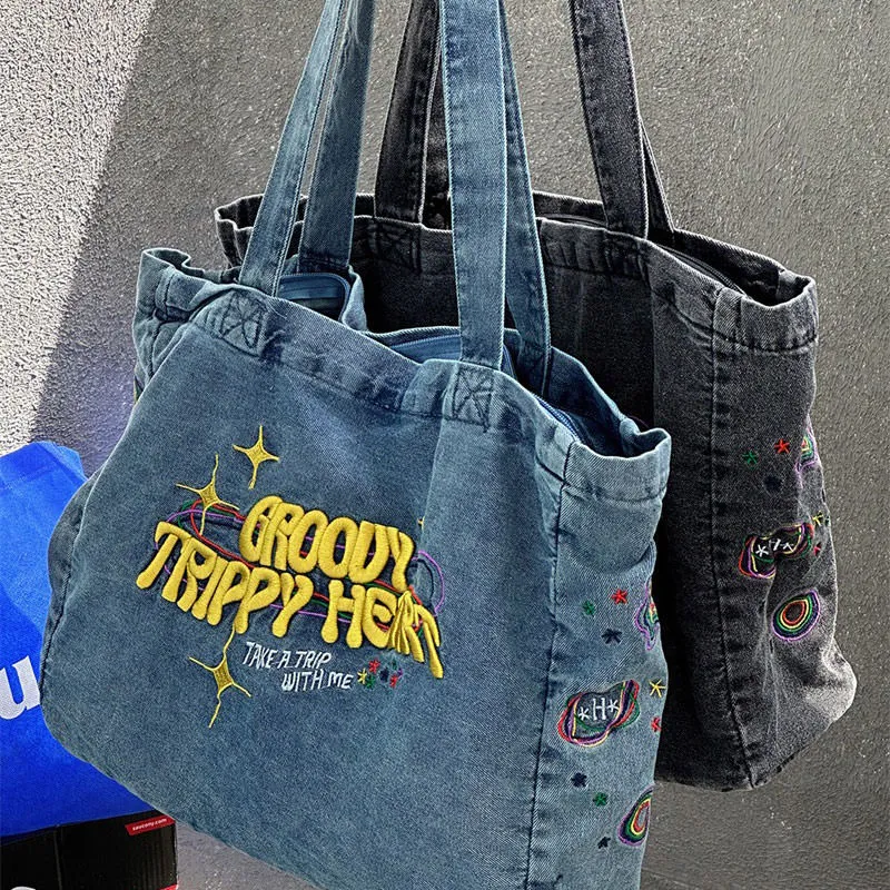 Groovy Trippy Heart Blue Denim Bag