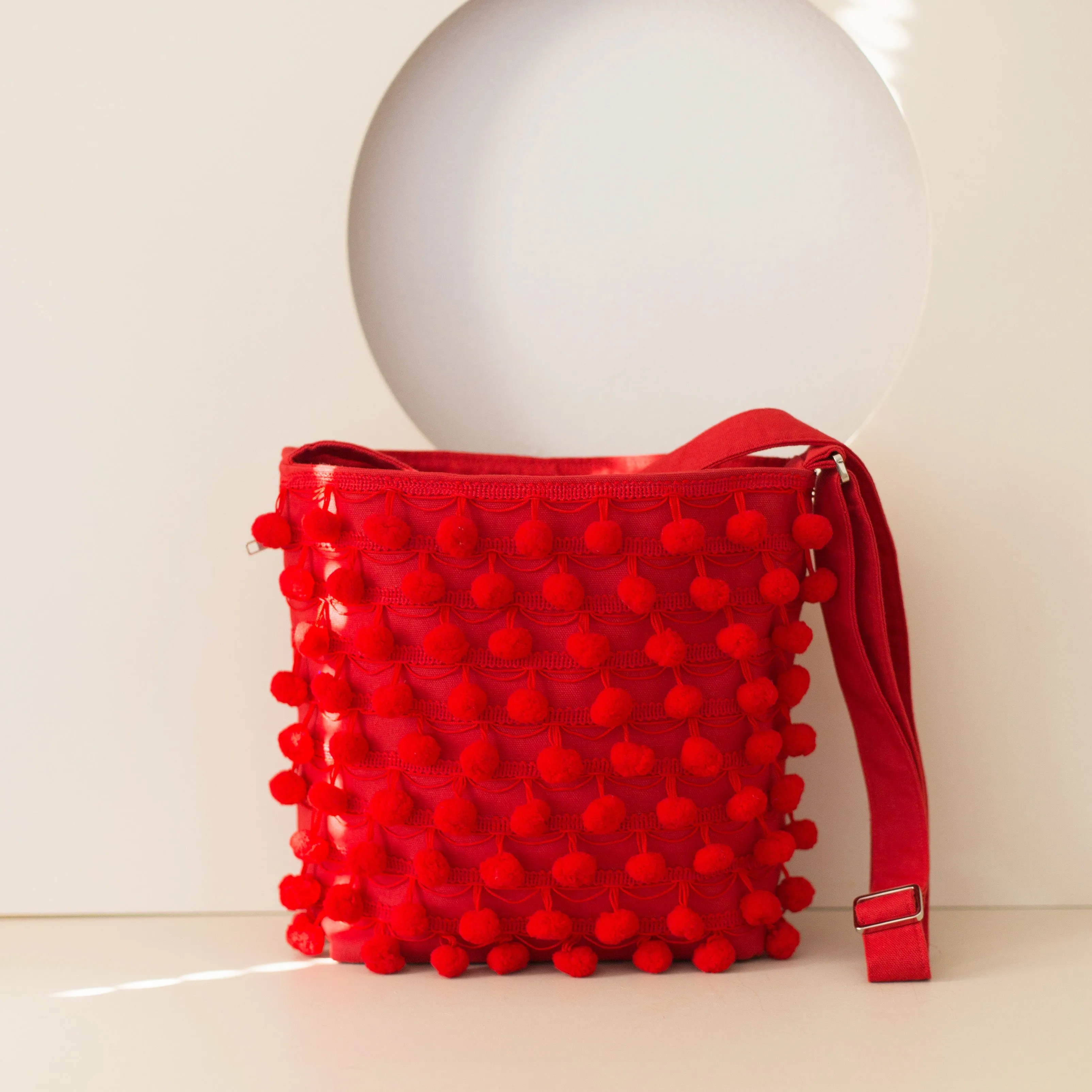 Ha Leh Handmade Pom Pom Crossbody Shoulder Bag in Red