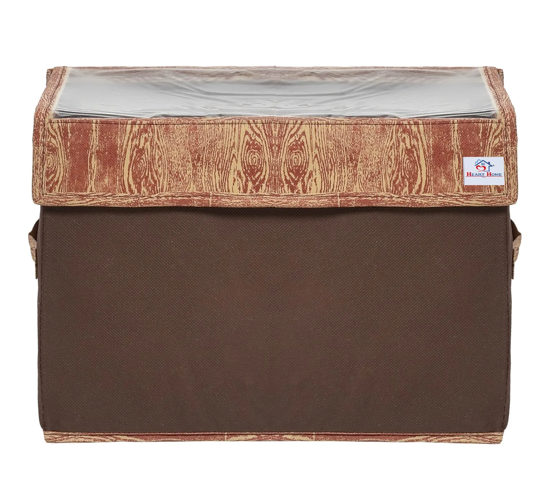 Heart Home Wooden Design Foldable Small Non-Woven Storage Box/Bin For Books, Towels, Magazines, DVDs & More With Tranasparent Lid- Pack of 2 (Brown) -44HH0432