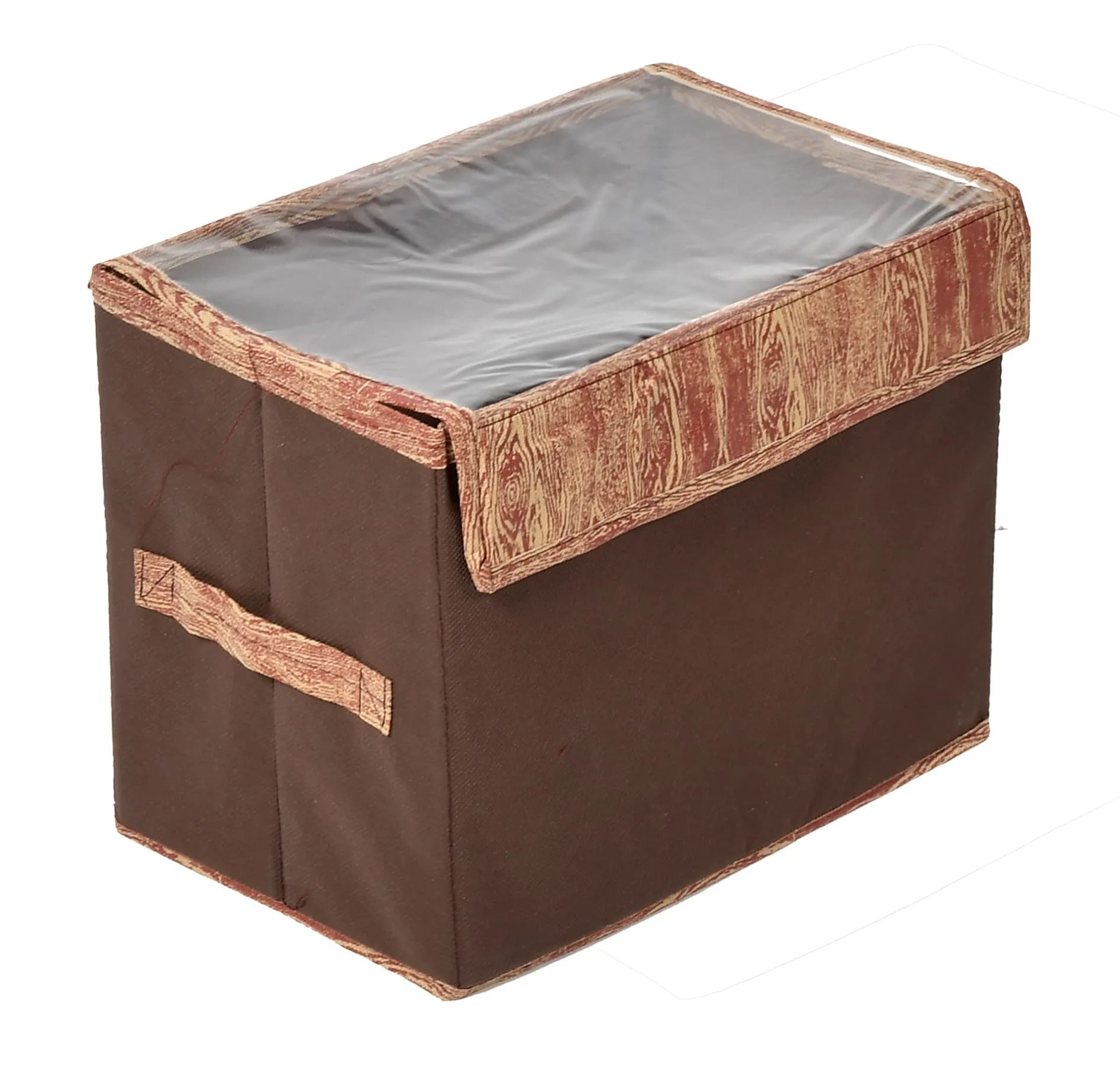 Heart Home Wooden Design Foldable Small Non-Woven Storage Box/Bin For Books, Towels, Magazines, DVDs & More With Tranasparent Lid- Pack of 2 (Brown) -44HH0432