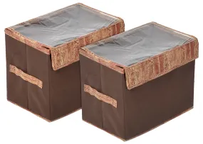 Heart Home Wooden Design Foldable Small Non-Woven Storage Box/Bin For Books, Towels, Magazines, DVDs & More With Tranasparent Lid- Pack of 2 (Brown) -44HH0432