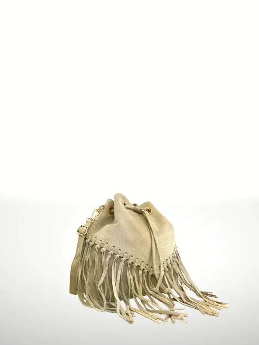 Italian Leather Bucket Fringe Shoulder Bag