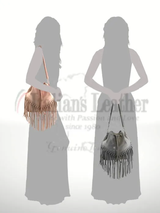 Italian Leather Bucket Fringe Shoulder Bag