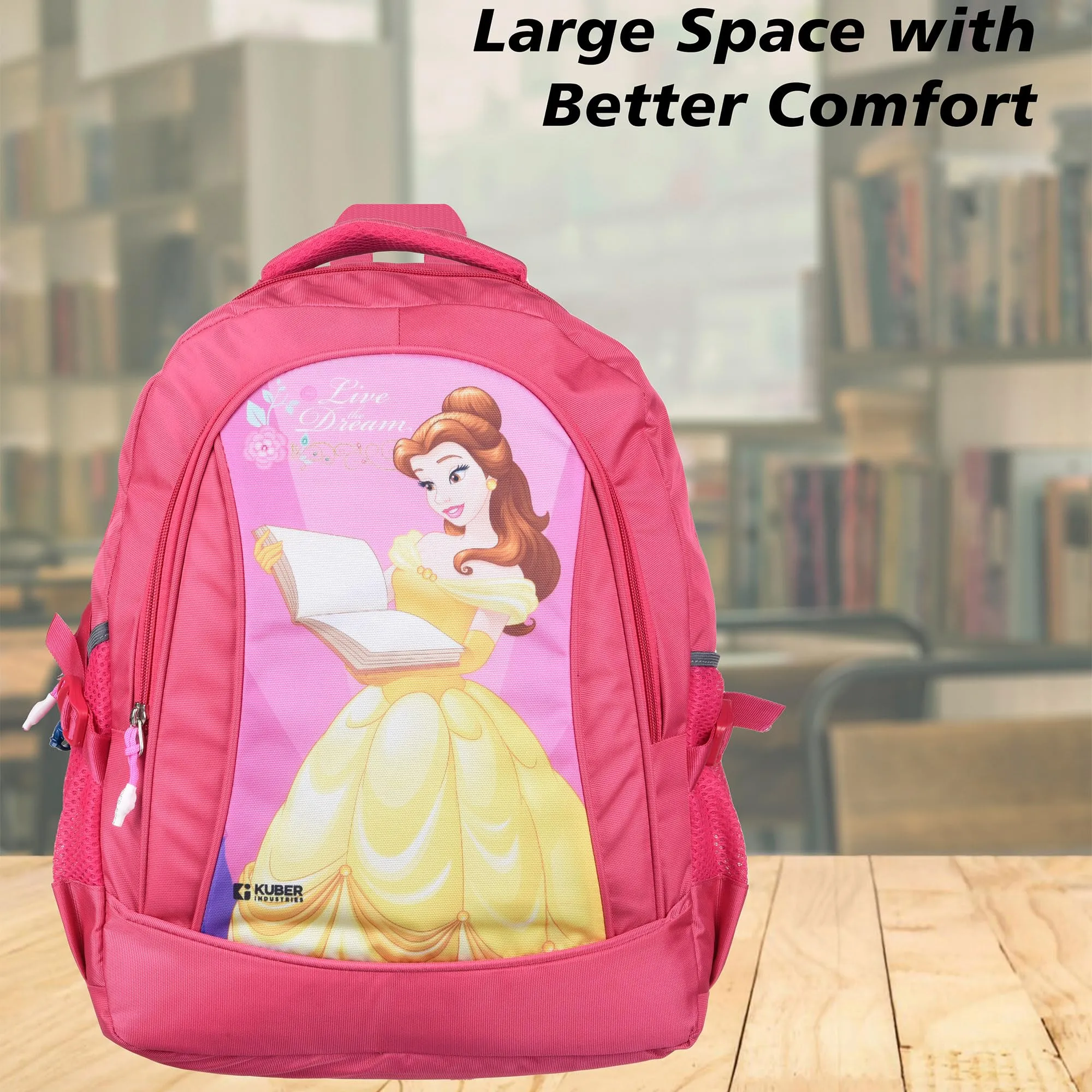 Kuber Industries Disney Princess Love The Dream School Bags | Kids School Bags | Student Bookbag | Travel Backpack | School Bag for Girls & Boys | School Bag with 3 Compartments | Pink