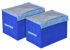 Kuber Industries Lehariya Printed Multiuses Medium Non-Woven Storage Box/Organizer With Tranasparent Lid- Pack of 2 (Blue) -44KM0457