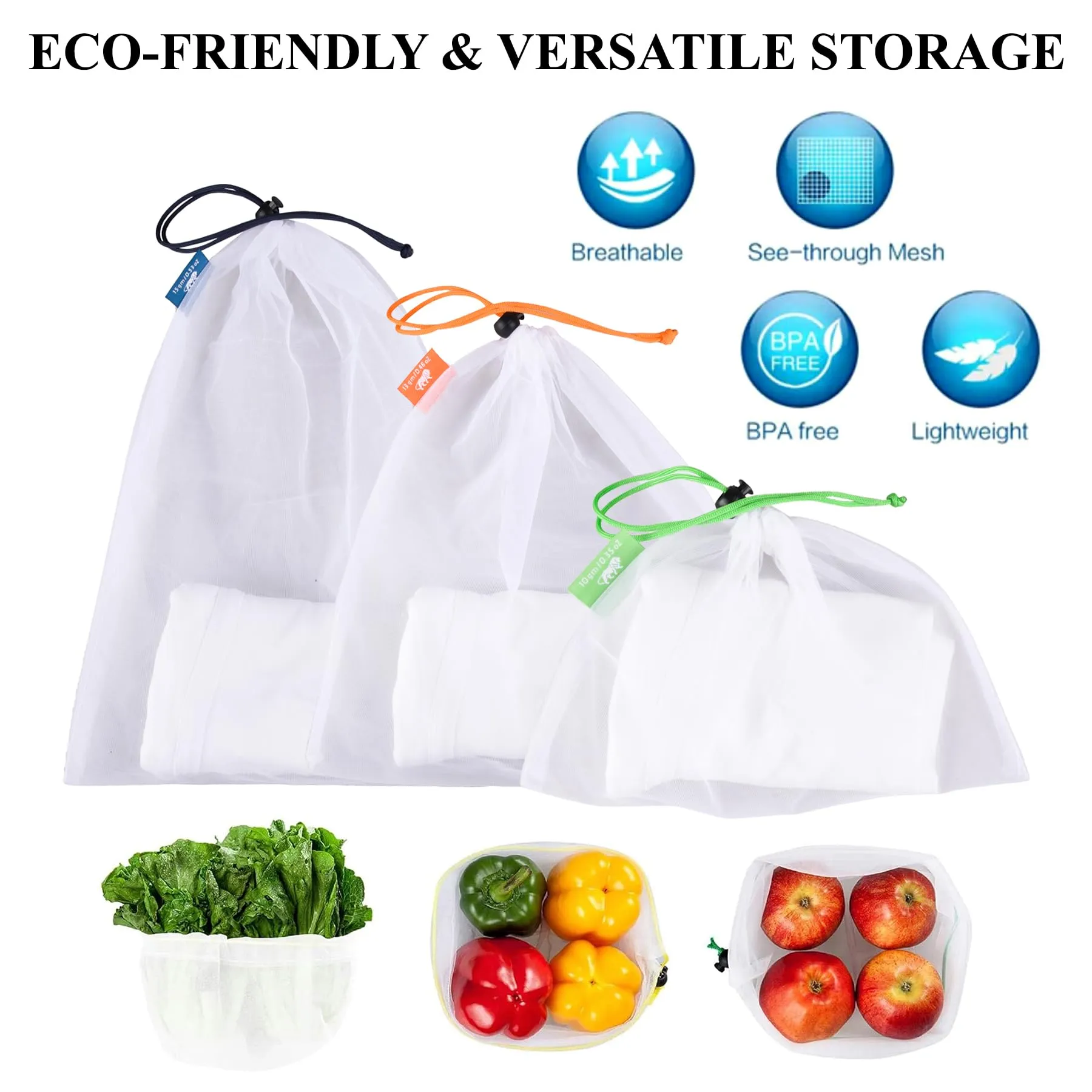 Kuber Industries Mesh Storage Bag | Reusable Mesh Bags | Carry Bags for Fruits-Vegetables-Toys-Groceries | 8 Small-8 Medium-8 Large Travel Storage Bags | 24 Piece Set | White