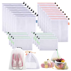 Kuber Industries Mesh Storage Bag | Reusable Mesh Bags | Carry Bags for Fruits-Vegetables-Toys-Groceries | 8 Small-8 Medium-8 Large Travel Storage Bags | 24 Piece Set | White