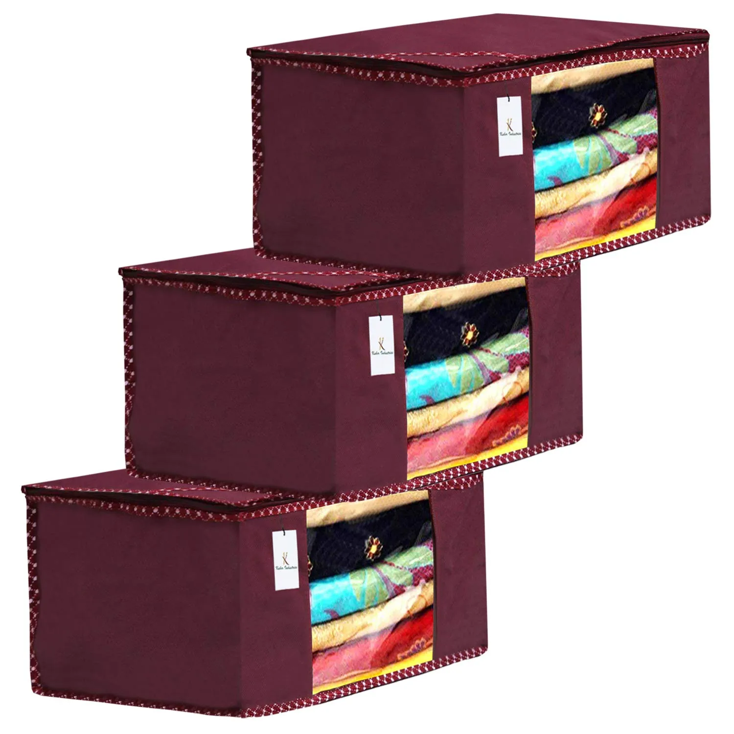 Kuber Industries Polyester Saree Covers With Zip|Clothes Storage Bag|Garment Bag For Travel, Wedding, Storage|Extra Large|Pack Of 3|Maroon