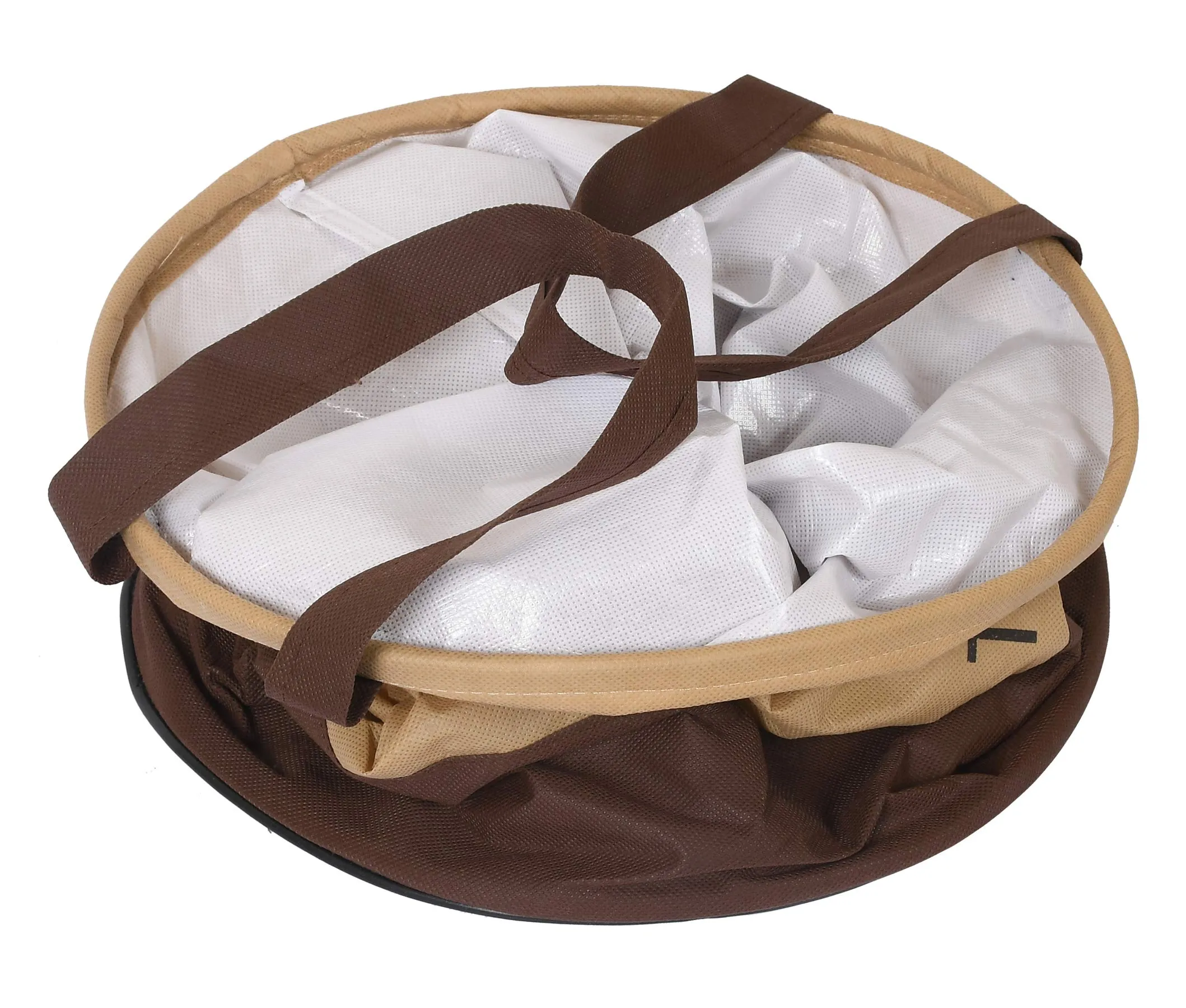 Kuber Industries Waterproof Round Non Wovan Laundry Bag/Hamper|Metalic Printed With Handles|Foldable Bin & 45 Liter Capicity|Size 37 x 37 x 49, Pack of 1 (Beige & Brown)-KUBMART11450