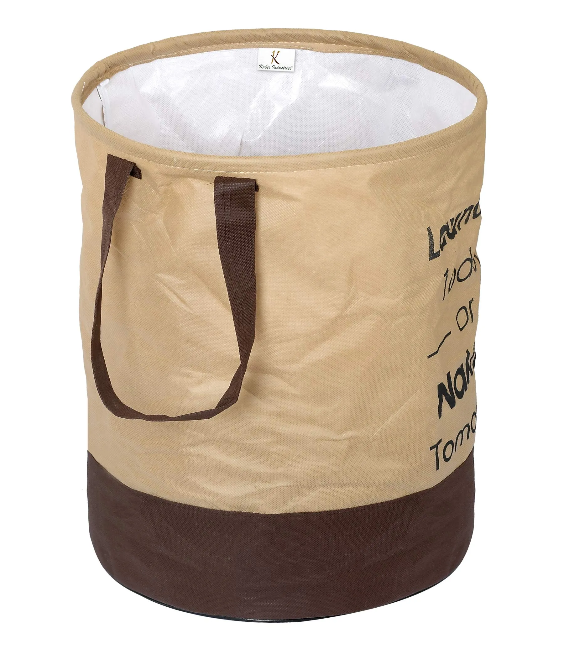 Kuber Industries Waterproof Round Non Wovan Laundry Bag/Hamper|Metalic Printed With Handles|Foldable Bin & 45 Liter Capicity|Size 37 x 37 x 49, Pack of 1 (Beige & Brown)-KUBMART11450