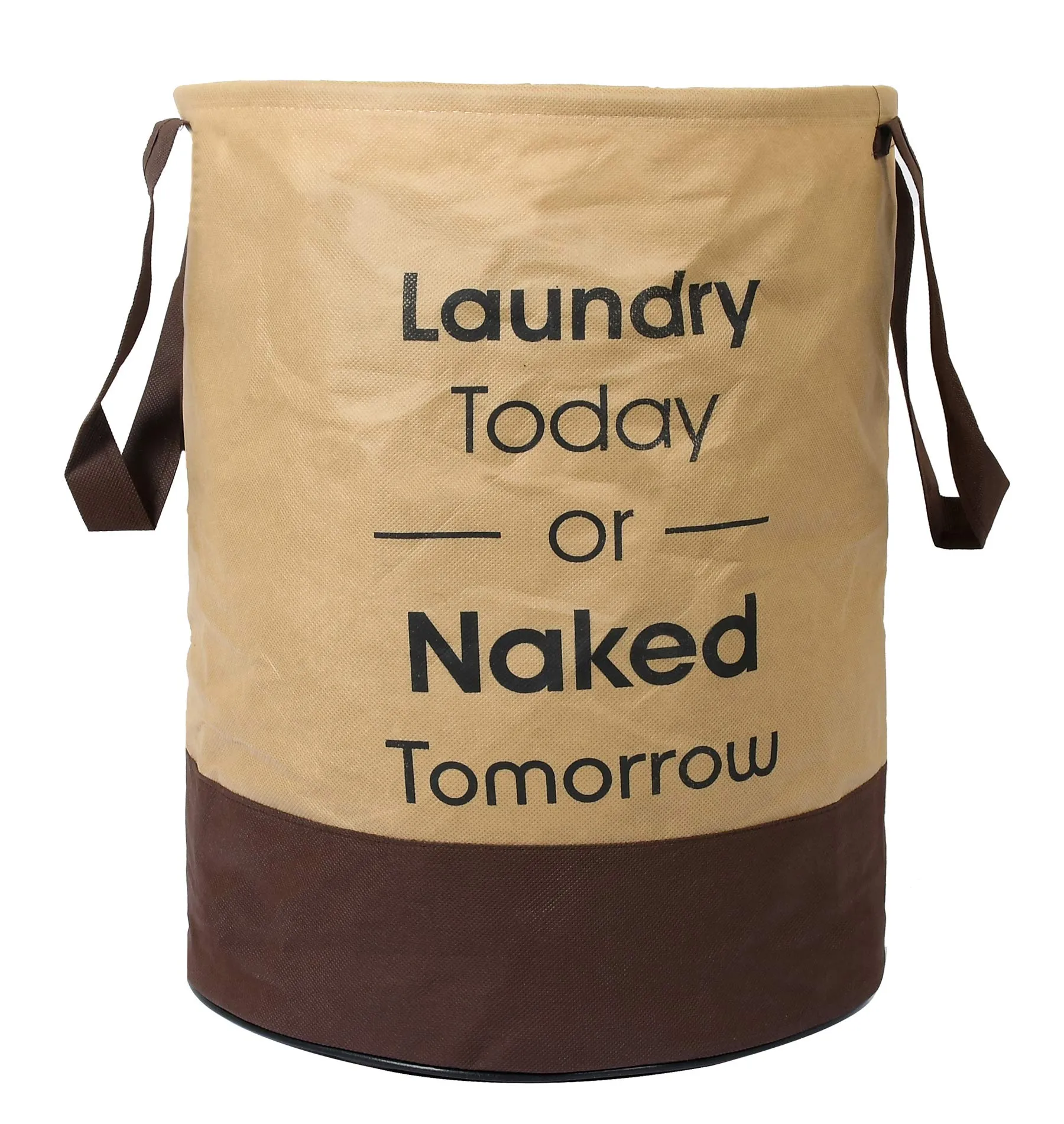 Kuber Industries Waterproof Round Non Wovan Laundry Bag/Hamper|Metalic Printed With Handles|Foldable Bin & 45 Liter Capicity|Size 37 x 37 x 49, Pack of 1 (Beige & Brown)-KUBMART11450