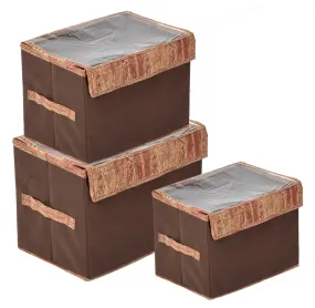 Kuber Industries Wooden Design Multiuses 3 Different Sizes Non-Woven Storage Box/Organizer With Tranasparent Lid- Set of 3 (Brown) -44KM0447