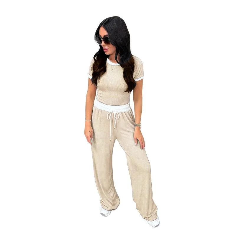 Ladies Rib Short Sleeves Stright Leg Pants 2PCS Set SKST4668