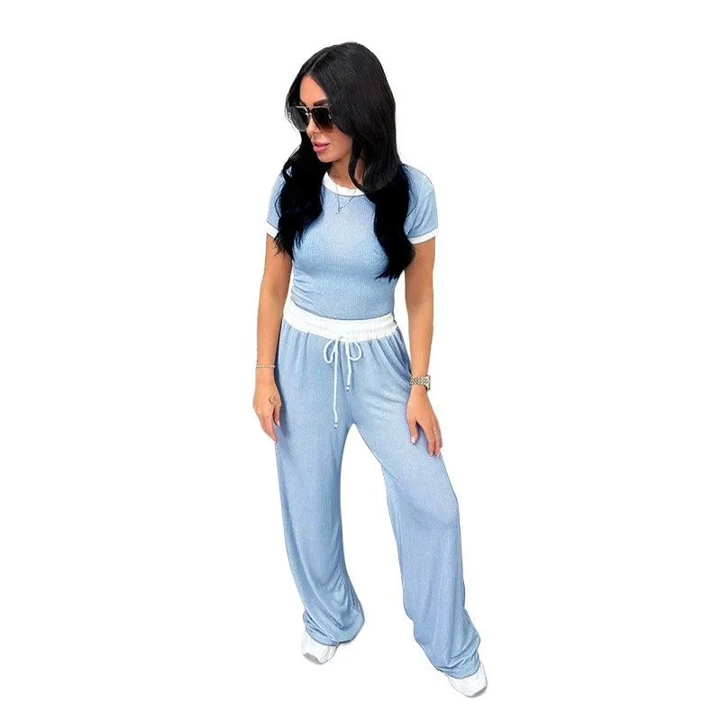 Ladies Rib Short Sleeves Stright Leg Pants 2PCS Set SKST4668