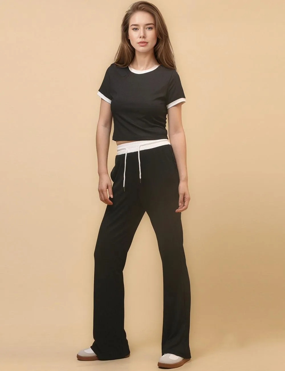 Ladies Rib Short Sleeves Stright Leg Pants 2PCS Set SKST4668