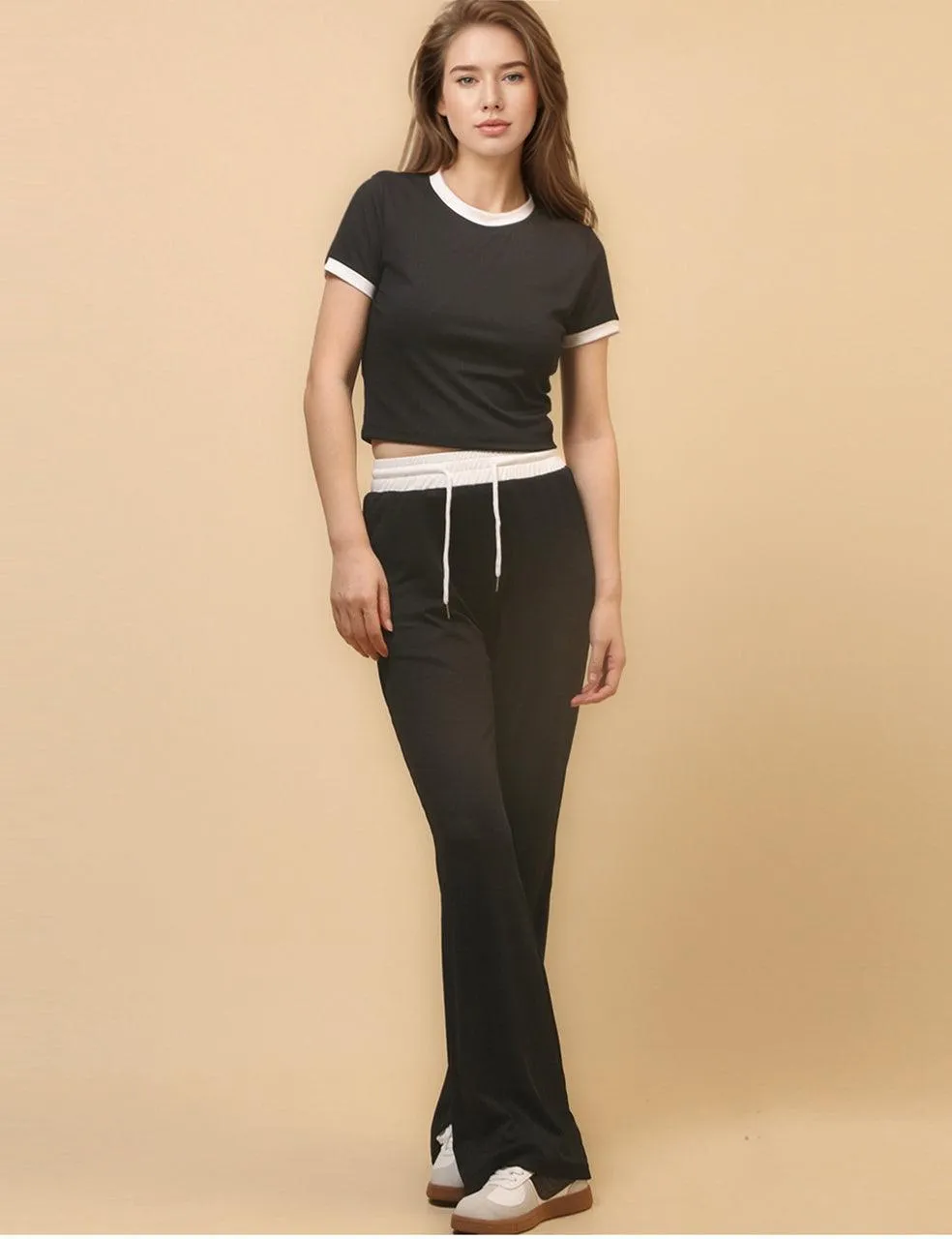 Ladies Rib Short Sleeves Stright Leg Pants 2PCS Set SKST4668