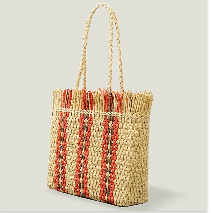 Large Striped Raffia Square Shopping Tote Bags