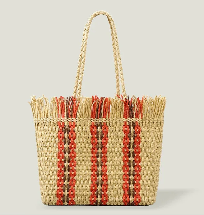 Large Striped Raffia Square Shopping Tote Bags