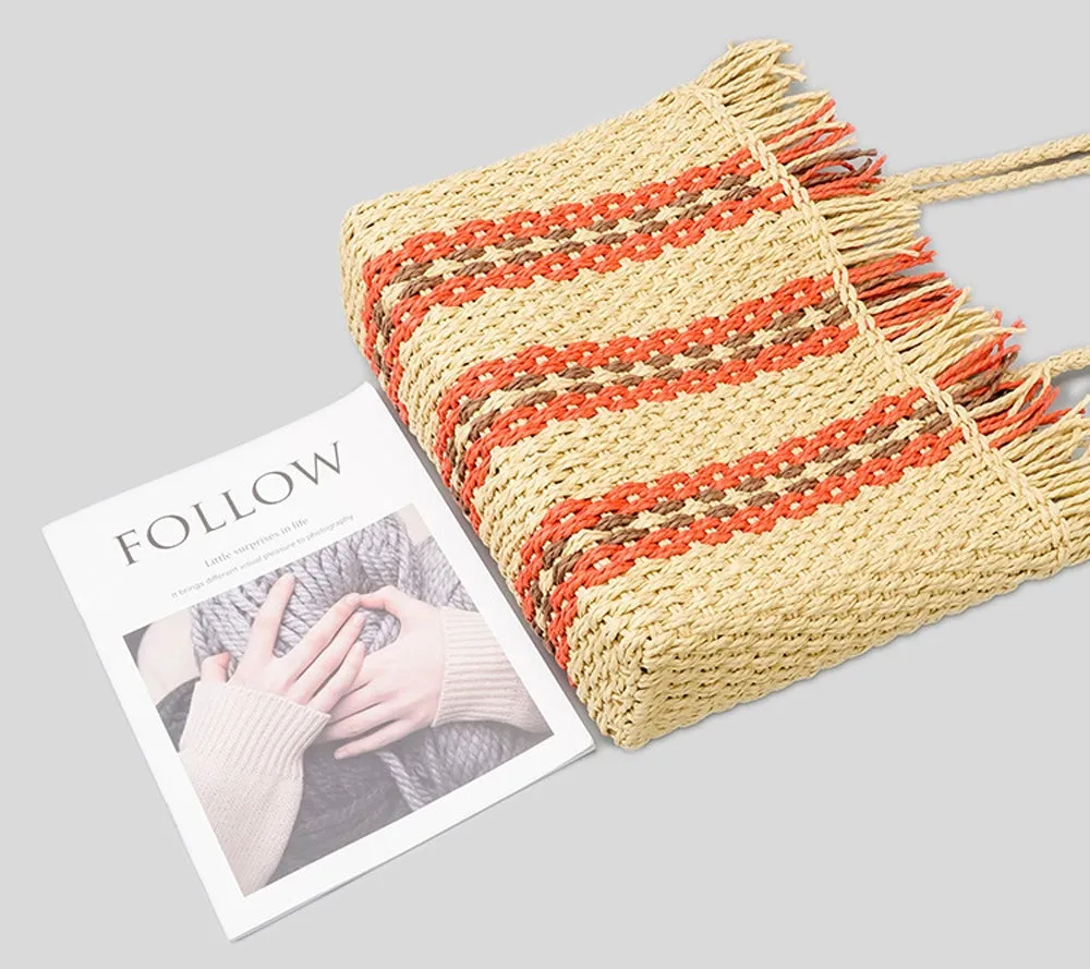 Large Striped Raffia Square Shopping Tote Bags