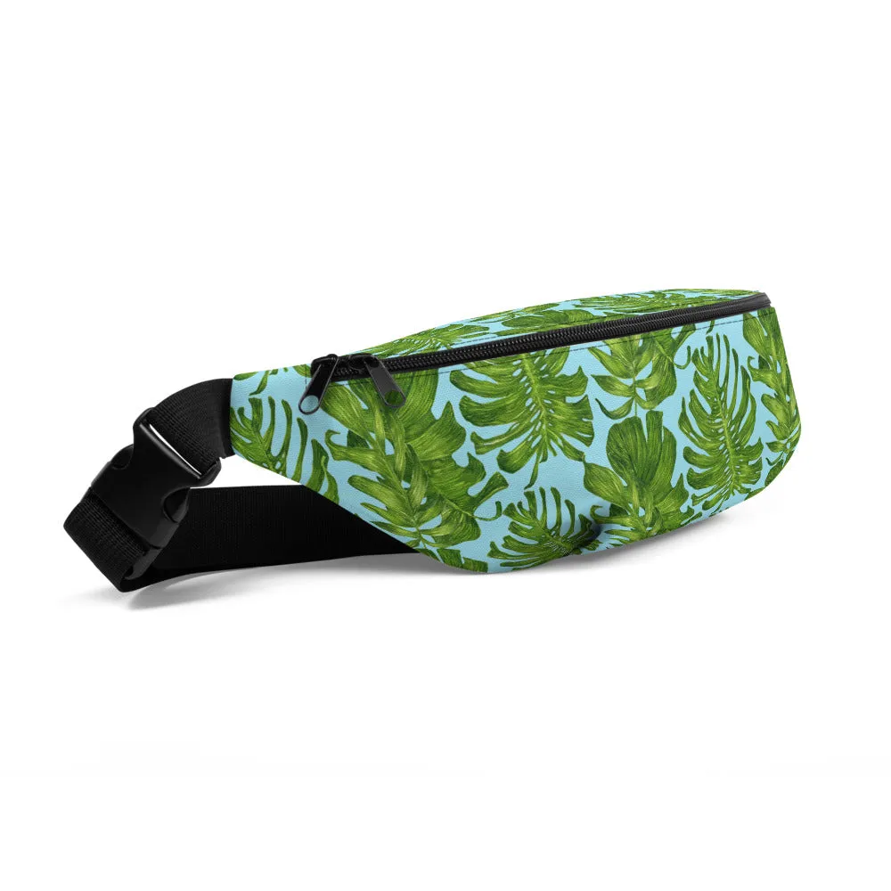 Light Blue Tropical Fanny Pack, Leaf Print Designer Fanny Pack Waist Belt Festival Bag- Made in USA