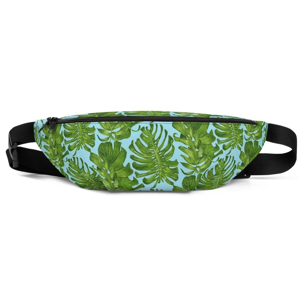 Light Blue Tropical Fanny Pack, Leaf Print Designer Fanny Pack Waist Belt Festival Bag- Made in USA