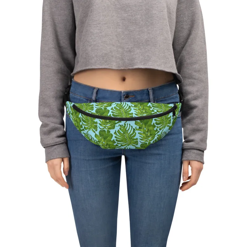 Light Blue Tropical Fanny Pack, Leaf Print Designer Fanny Pack Waist Belt Festival Bag- Made in USA