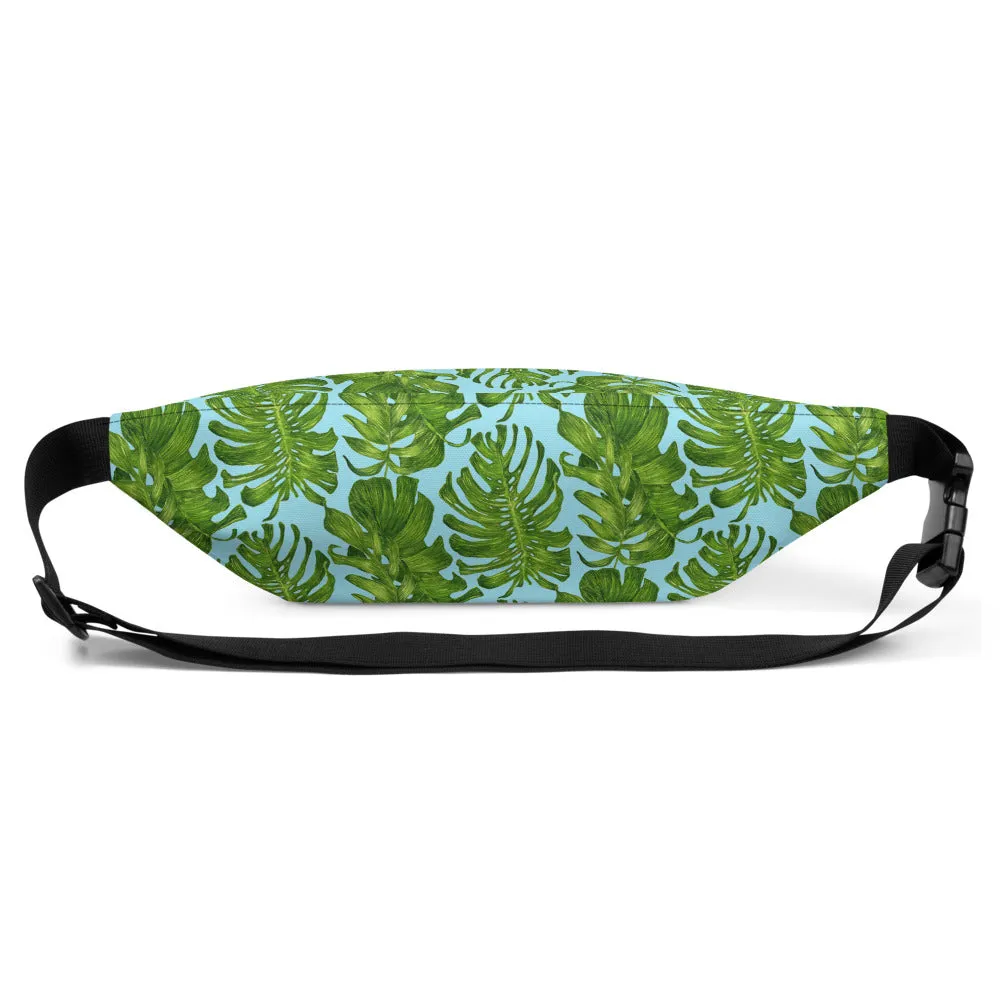 Light Blue Tropical Fanny Pack, Leaf Print Designer Fanny Pack Waist Belt Festival Bag- Made in USA