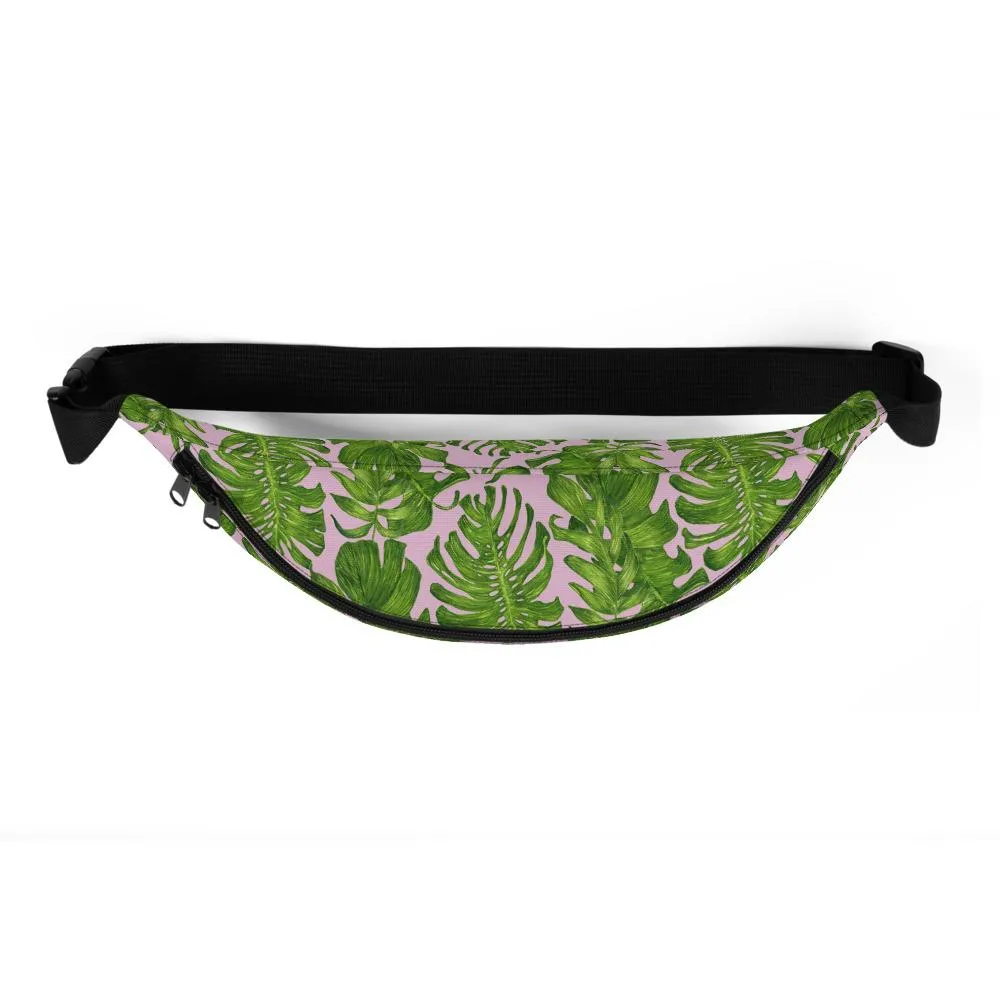 Light Pink Fanny Pack, Green Tropical Leaf Print Waist Belt Bag Fanny Pack Belt Bag- Made in USA/EU