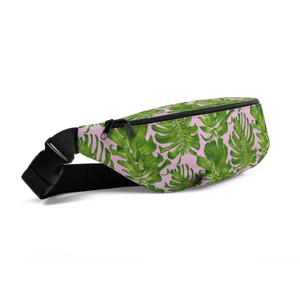 Light Pink Fanny Pack, Green Tropical Leaf Print Waist Belt Bag Fanny Pack Belt Bag- Made in USA/EU