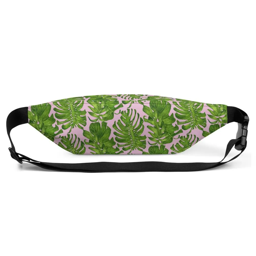 Light Pink Fanny Pack, Green Tropical Leaf Print Waist Belt Bag Fanny Pack Belt Bag- Made in USA/EU