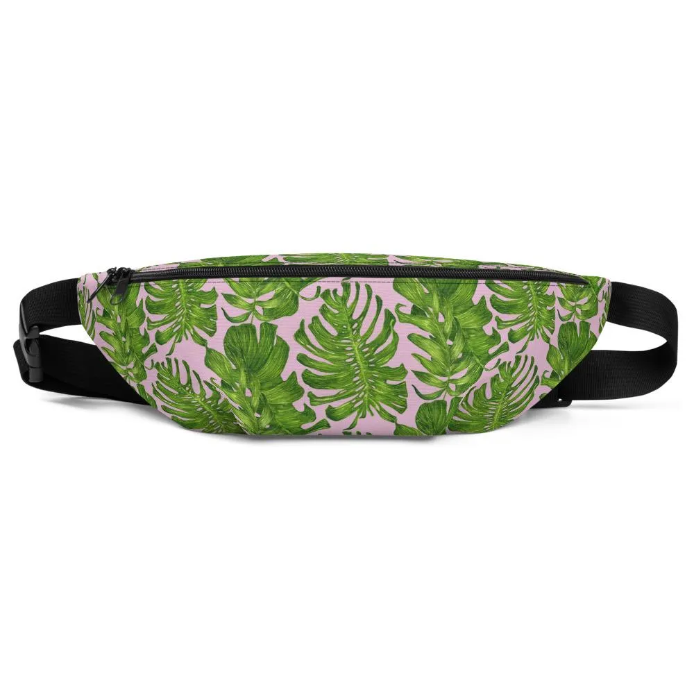 Light Pink Fanny Pack, Green Tropical Leaf Print Waist Belt Bag Fanny Pack Belt Bag- Made in USA/EU