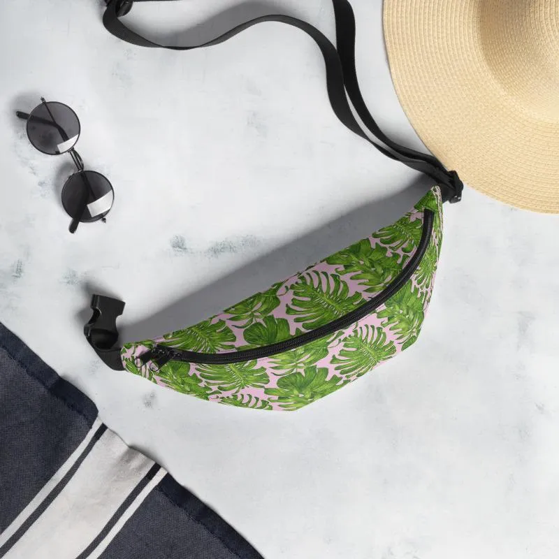 Light Pink Fanny Pack, Green Tropical Leaf Print Waist Belt Bag Fanny Pack Belt Bag- Made in USA/EU